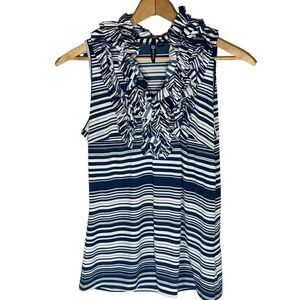 Milano Blue White Striped Sleeveless Frills Ruffled Neck Top Size M